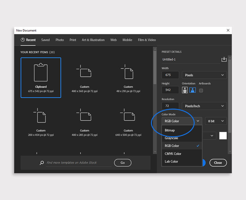 Screenshot showing how to set CMYK colour mode up in Photoshop