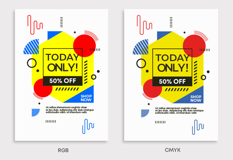 Two versions of a poster design where one has had the colours converted to CMYK for print