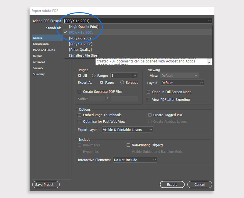Screenshot showing how to set file up for print in InDesign