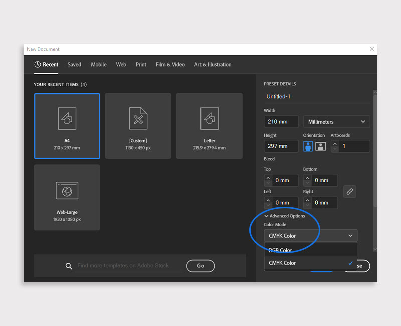 Screenshot showing how to change colour mode in adobe illustrator