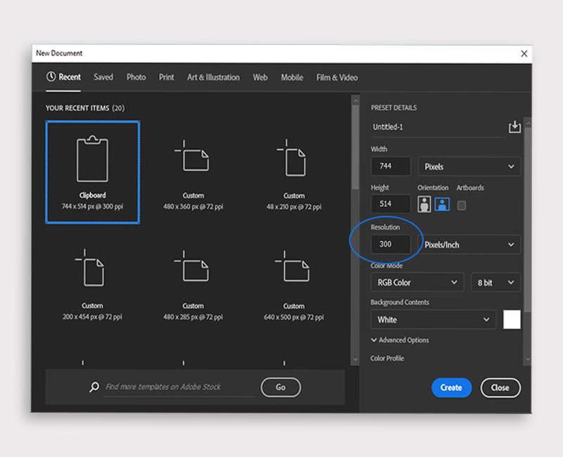 Screenshot showing how to set resolution for print in photoshop