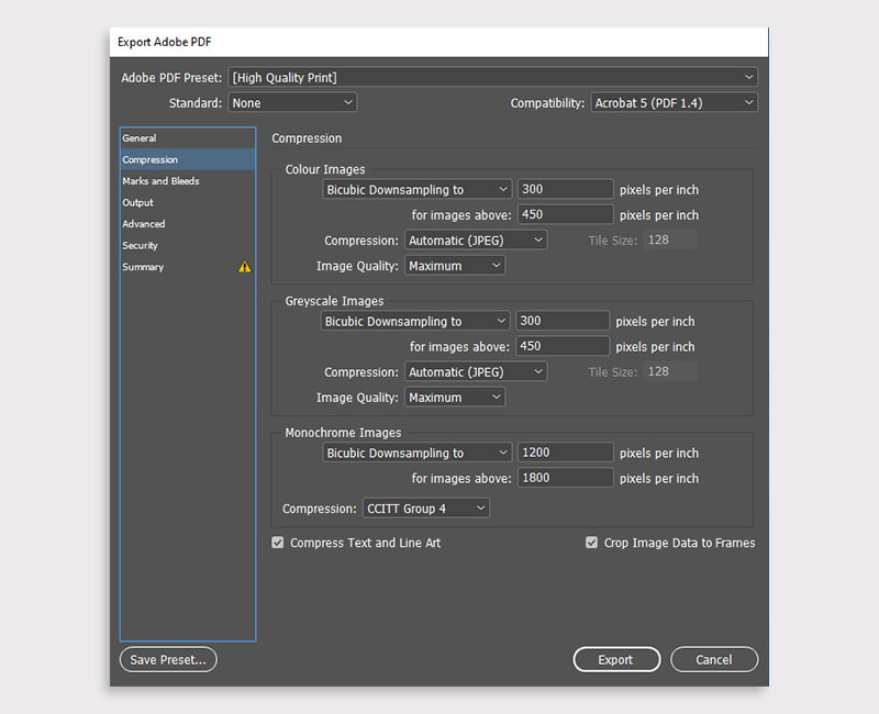 Screenshot showing how to set resolution in adobe indesign