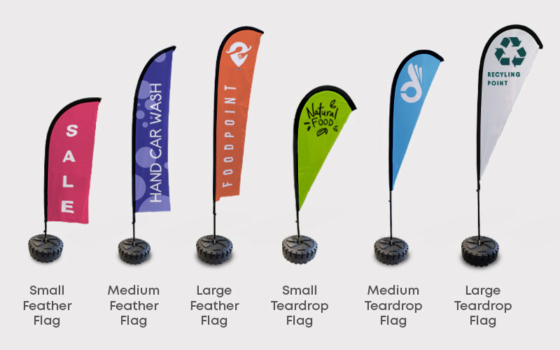 an image comparing different promotional flag banner sizes and shapes
