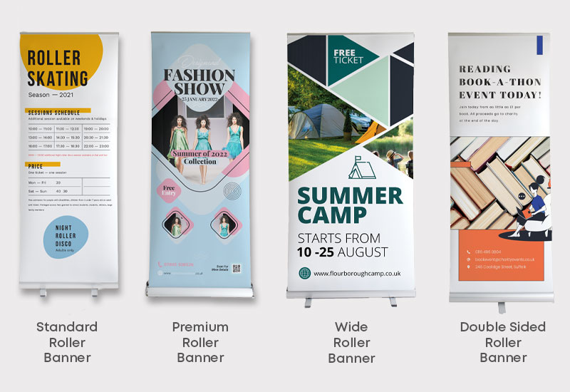 An image comparing different roller banner sizes and options