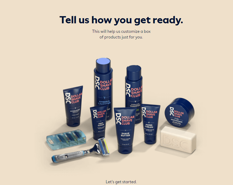 Dollar shave club website landing page with blue bottles of shaving product