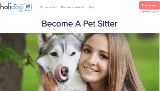 Holidog website showing a woman hugging a dog
