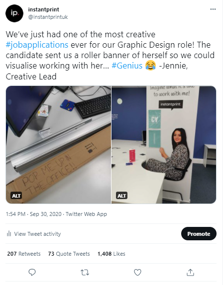 Viral tweet about creative graphic designer job application with a roller banner