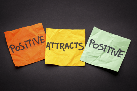 Multi coloured post-it notes that say 'positive attracts positive'