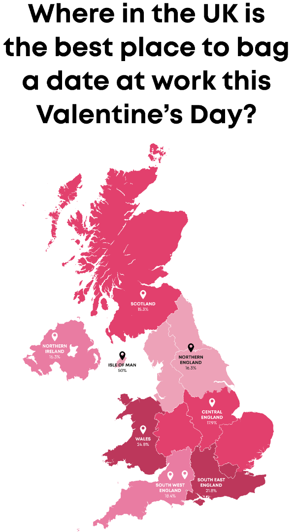 A map of the UK showing which counties are most accepting of office romances