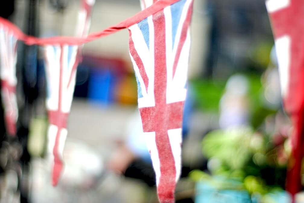 Union Jack bunting handing outside