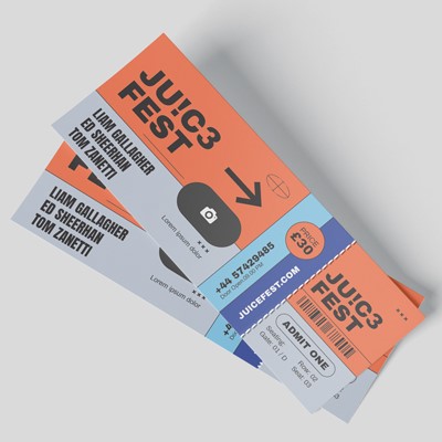 grey and orange festival ticket design with a perforated stub to tear off
