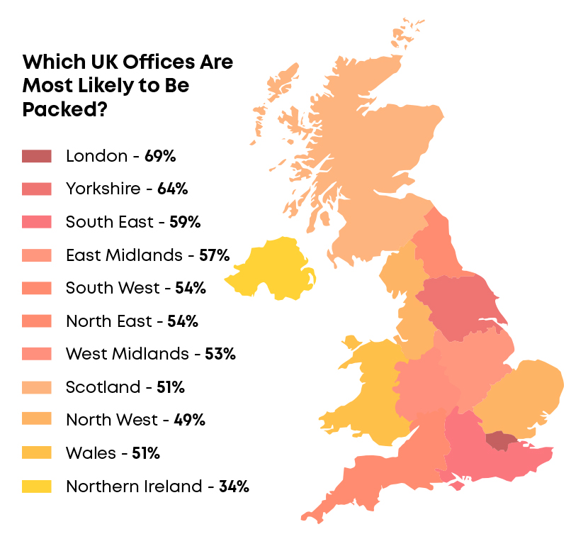 heat map showing most popular locations in the UK for working from the office this winter