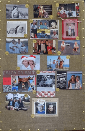 A bulletin board being used to display Christmas cards and postcards
