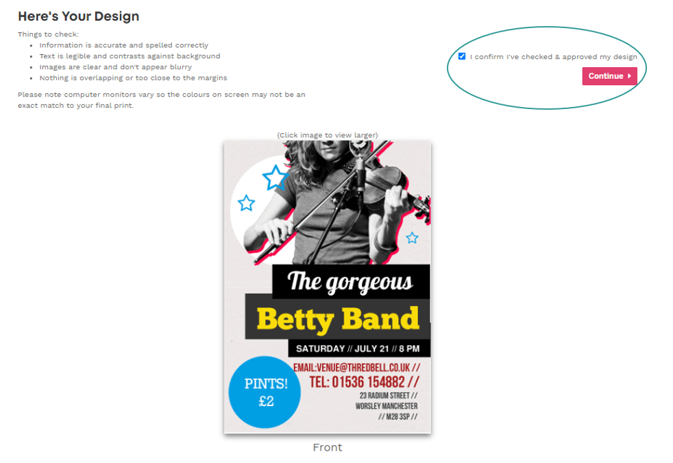 A circle showing where to tick to approve your free poster design online
