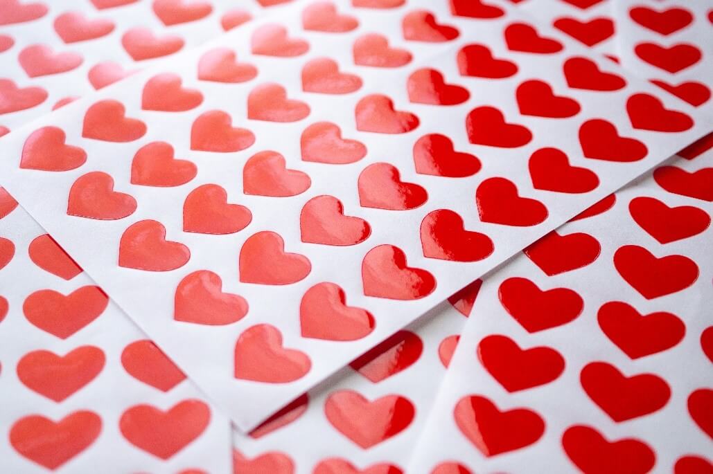 sticker sheets with red heart shaped stickers