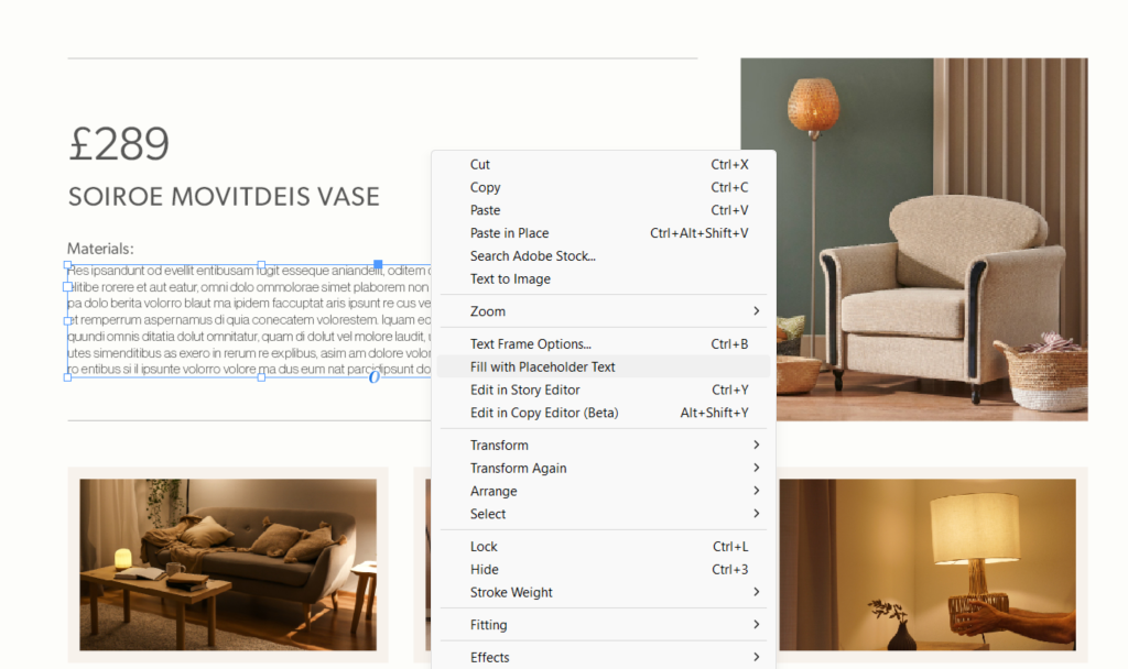 Example of lorum ipsum text used on a design using adobe indesign