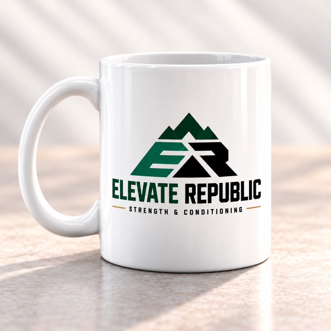 White ceramic mug with the supplied logo printed on its side