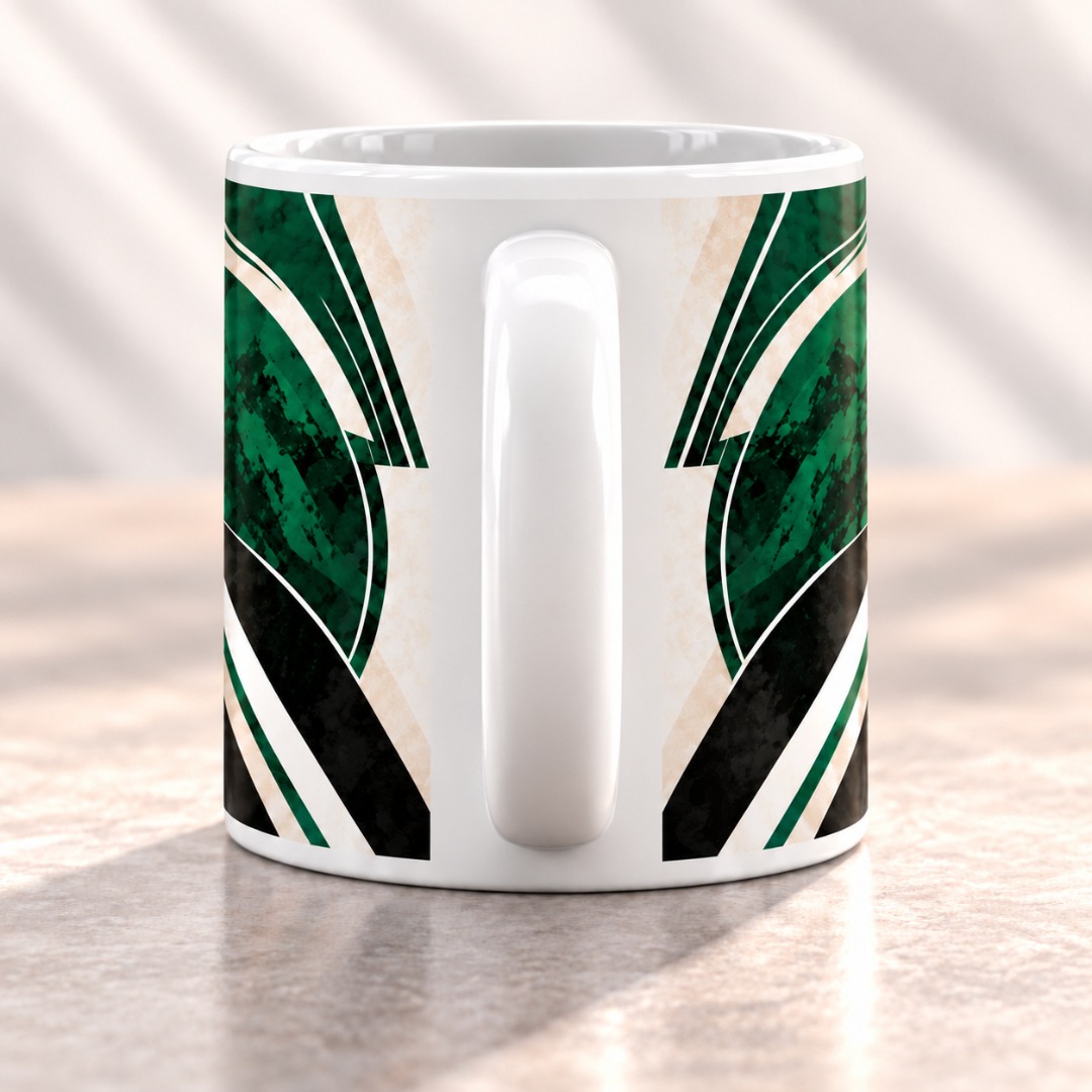 Wraparound printed mug with a white gap beside the handle