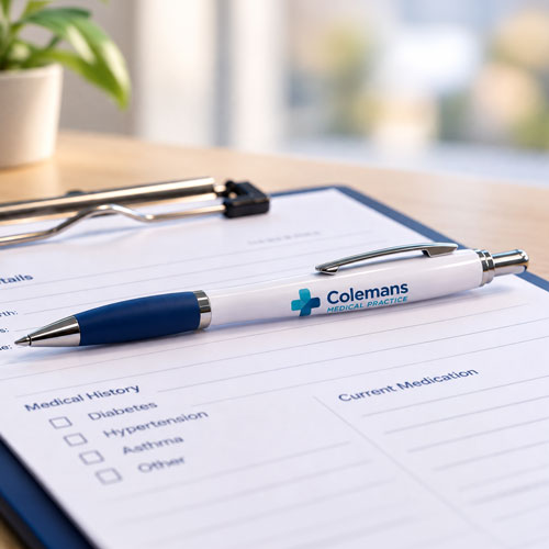 Custom branded white Contour Ballpoint Pen with a coloured plastic grip