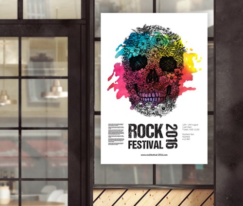 a2 size rock festival poster with a multicoloured skull