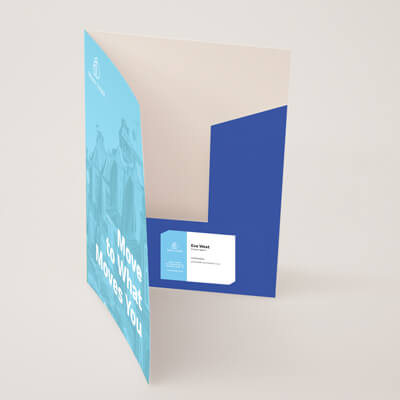 light blue interlocking presentation folders showing inside with a pocket