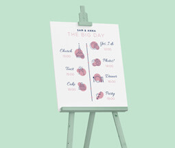 Blue and pink wedding sign and timeline