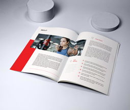 Open A4 printed brochure with lady in centerfold