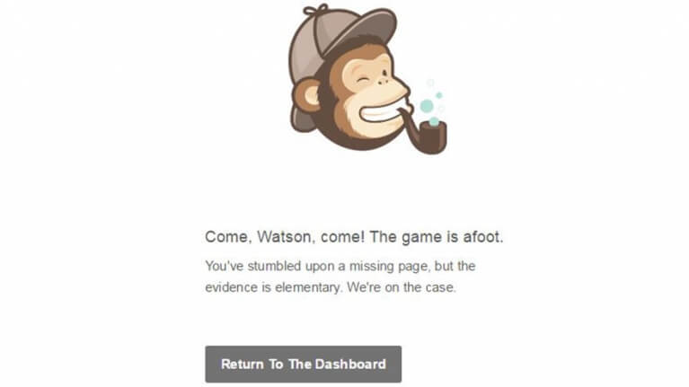 mailchimp funny error page copy with sherlock holmes pun