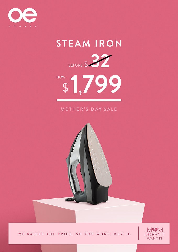 pink poster with expensively priced iron