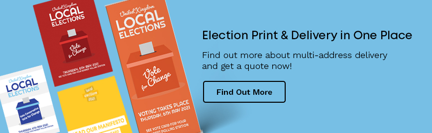 blue banner with colourful election leaflets advertising print and direct mail service