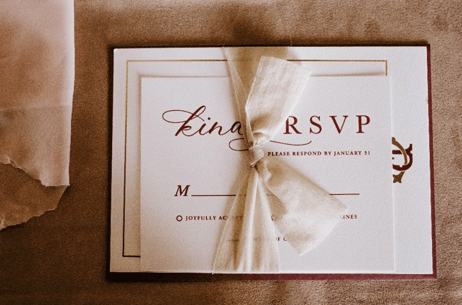 wedding stationery with simply calligraphy design on a velvet background