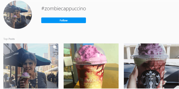 search results on Instagram for Starbucks zombie cappuccino campaign