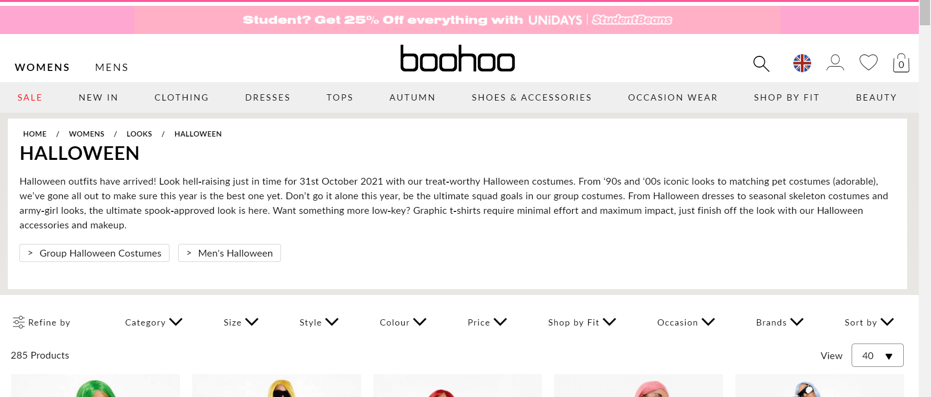 Boohoo Halloween landing page